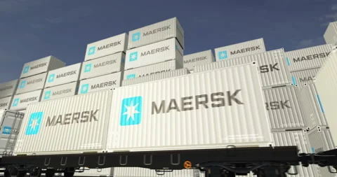 Maersk containers on cargo train wagons loop Stock Footage 314255061