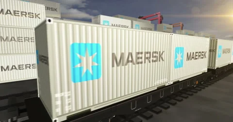 Maersk containers on cargo train wagons loop Stock Footage 314256111