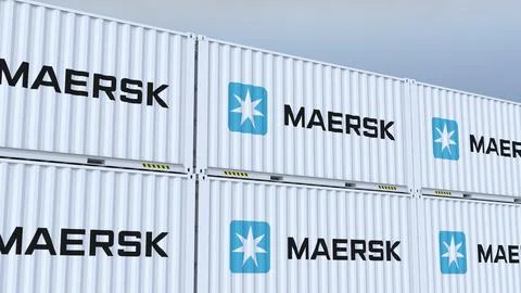 Maersk logo Ship container with element logo and flag Stock Photos