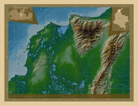 Magdalena, Colombia. Colored elevation map with lakes and rivers イラスト素材