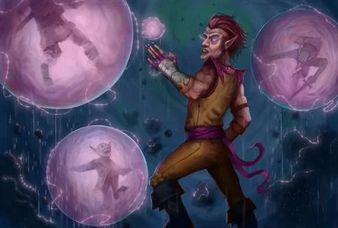 Mage casting a spell on a group of enemy goblins   - Digital fantasy painting Stock Illustration