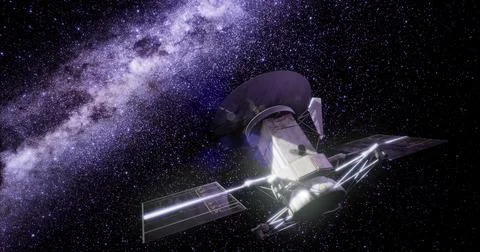 Magellan spacecraft exploring the depths of outer space near a galaxy Stock Illustration