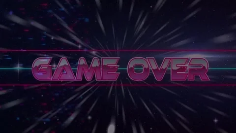 Magenta 3D GAME OVER entering through starfield streaks, aligning neon lines, Stock Footage 333998829