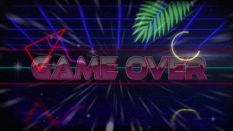 Magenta 3D GAME OVER text spinning into view after tunnel, neon grid pulsing, Stock Footage 333301040