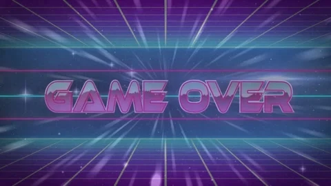 Magenta 3D GAME OVER text sweeping from upper-left rotating to center pulsing to Stock Footage 333425738