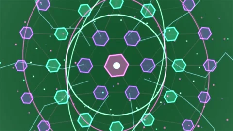 Magenta bar and teal dot seeding hex, forming rotating mandala showing neon Stock Footage 329503477