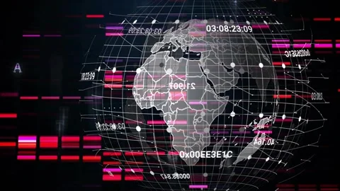 Magenta bars initiating wireframe globe entering from right rotating labels 스톡 동영상 322119783