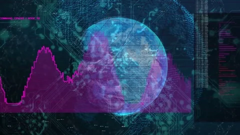Magenta baseline appearing area graph rising and forming twin peaks globe Stock Footage 334725018