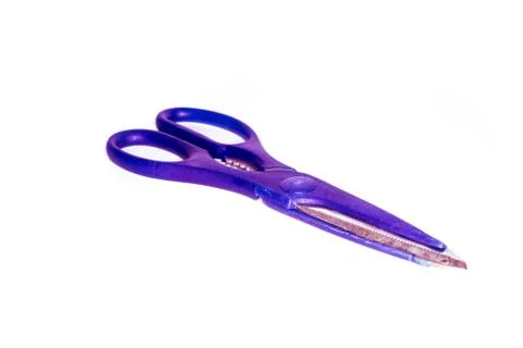 Magenta Blue scissors. Object is isolated on white background without shadows Stock Photos