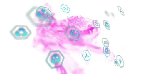 Magenta cloud forming then drifting swirl visualizing energy flow, teal icons Video stock 319342868