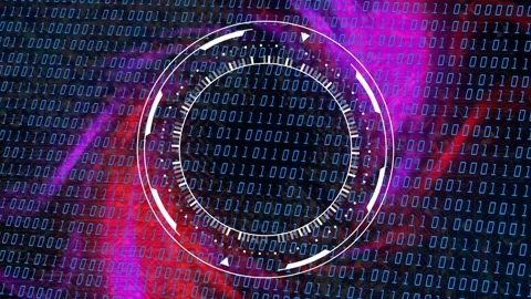As magenta clouds sweeping over blue binary grid, center HUD rotating, ticks Stock Footage 334884061