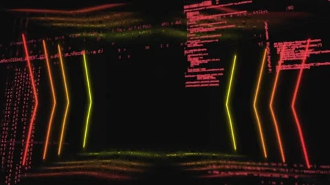 Magenta code appearing neon chevrons pulsing columns cascading floor rippling Stock Footage 331235751