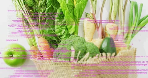 Magenta code lines appearing over vegetables and apple, overlaying to visualize Stock Footage 317793523