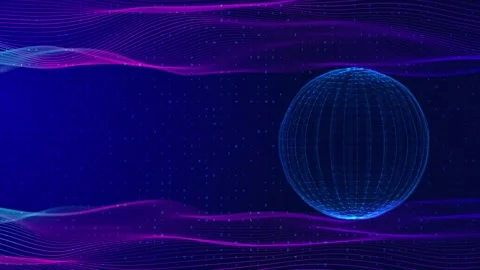Magenta data wave globe visual with blue wire sphere, flowing ribbon lines, and 動画素材 340552727