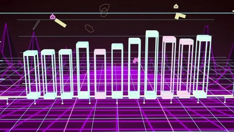 Magenta glow intensifying, 3D bars sliding in and pulsing, sprites drifting, Stock Footage 335637265