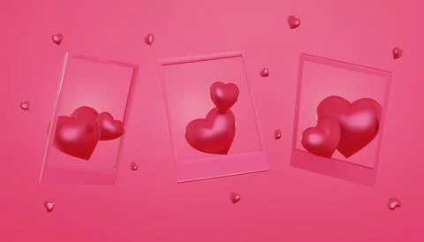 Magenta hearts different size in frames on pink background. 3D rendering Stock Illustration