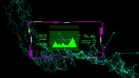 Magenta HUD activating, updating chart and metrics, teal node network pulsing, Stock Footage 334337825