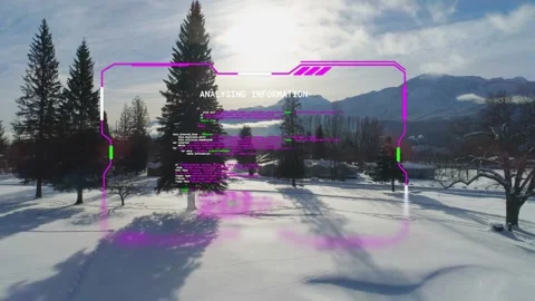 Magenta HUD fading in, scrolling code, projecting smear on snow while view Stock Footage 333817868