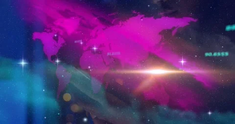 Magenta map glowing over space, stars rushing and lighting core, showing numeric Stock Footage 333833347