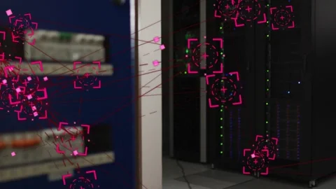 Magenta markers starting at patch panel and visualizing data-center racks, Vídeos de archivo 333719871