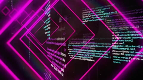 Magenta neon diamond frames gliding into dark void, floating code snippets in 3D Stock Footage 309100758