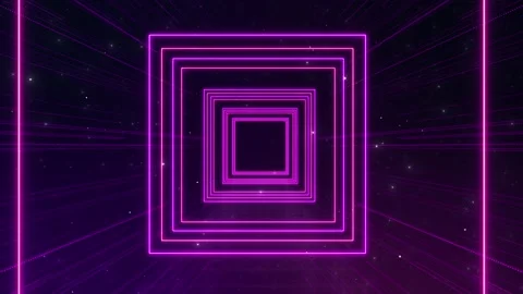 Magenta neon square tunnel background glowing frames, dark depth, star particles Stock Footage 340417010