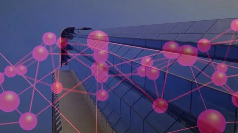 Magenta network appearing on first frame over glass tower, nodes shifting and Stock Footage 333553104