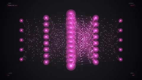 Magenta neural network with activation pulses cascading through layered nodes Stock Footage 335287437