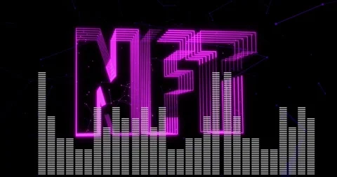 Magenta NFT letters forming and pulsing above equalizer bars, triggered by beat Stock Footage 328366146