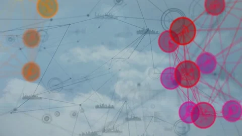 Magenta node cluster pulsing on signal, shifting center while links animating Stock Footage 333872995