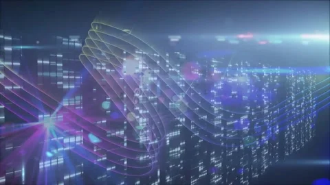 Magenta node emerging from city emitting coil sending electric-blue wave forming Stock Footage 328354891