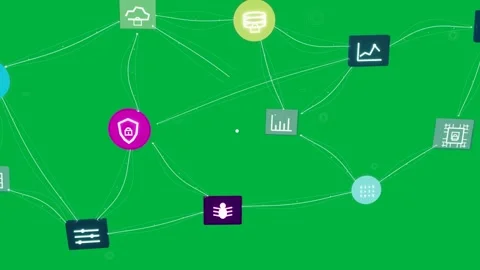 Magenta node emerging network forming on transparent BG, shield hub, server Video stock 334727064