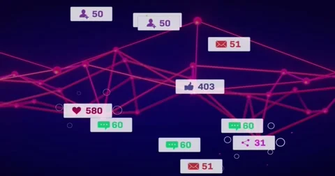 Magenta node network pulsing, spawning alert badges, pointer causing ripples Video stock 321100342