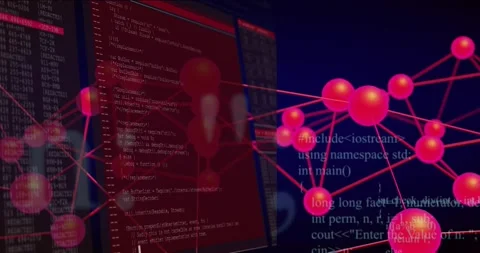 Magenta node network rotating right while red terminals sliding in from left, Stock Footage 334178777