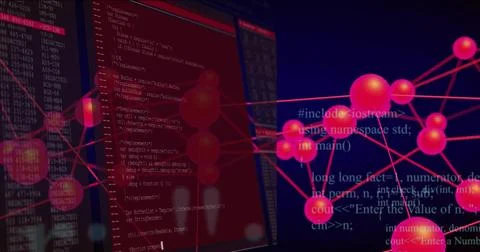 Magenta node network rotating right while red terminals sliding in from left, 스톡 일러스트