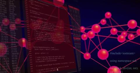 Magenta node network rotating right while red terminals sliding in from left, Foto stock