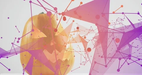 Magenta nodes and lines drifting from left forming facets around pumpkin Stock Footage 317834591