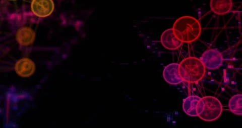 Magenta nodes intensifying glow spawning nodes and linking lines, pulsing to Stock Footage 319573211
