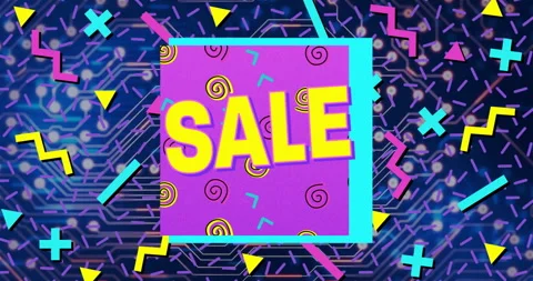 Magenta panel being framed by turquoise border showcasing bold yellow SALE text Stock Footage 307453829