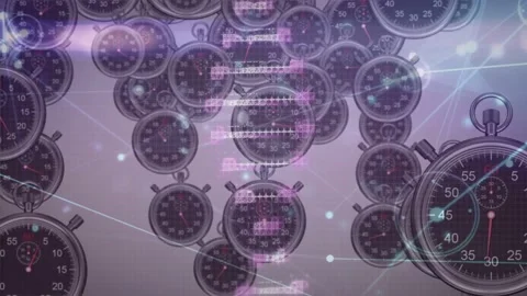 Magenta pixels starting stopwatches rotating, clustering, linking with light Stock Footage 333872993