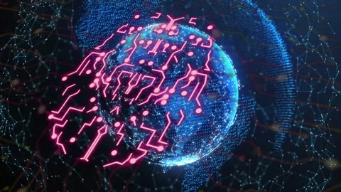 Magenta pulse sparking globe forming circuits filling left then breaking into Vídeo Stock 334338036