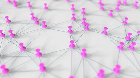 Magenta pushpins and threads composing complicated network on the pinboard. 3D Stock Illustration