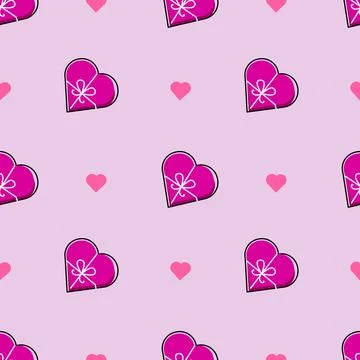 Magenta Seamless pattern with gift box love and hearts. Stock Illustration
