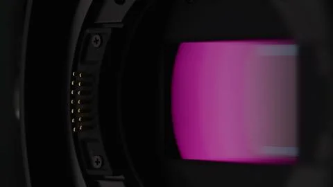 The magenta sensor inside a dark camera body illuminates with. Stock Photos