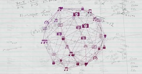 Magenta sphere appearing over notebook pulsing icons and moving dots along math 스톡 사진