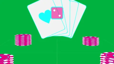 Magenta square appearing, die dropping and landing under card fan showing result Stock Footage 329572478