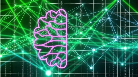 Magenta stroke appearing neon brain forming pink gyri cyan circuit linking chip Stock Footage 335465701