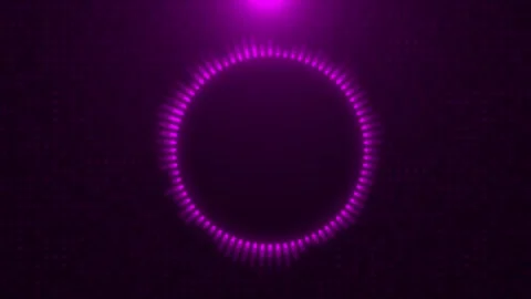 Magenta tech ring interface visual circular glowing tick marks, dark dotted back Stock Footage 340479875