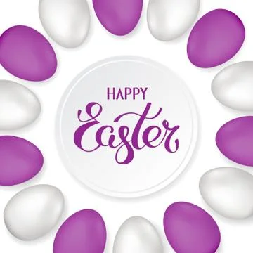 Magenta title of Happy Easter in round frame and colored and white Easter eggs Stock Illustration