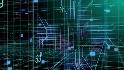 Magenta traces rising, camera advancing, 3D wire grid showing numeric network Stock Footage 335761778